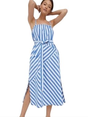 GAP Blue White Striped Belted Midi Dress Pockets XS Coastal Resort Cotton